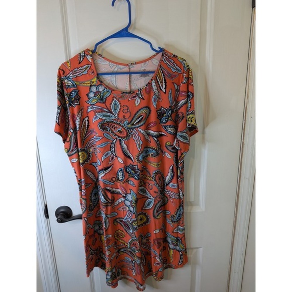 Bobbie Brooks Womens Orange Paisley Floral Short Sleeve T-Shirt Dress Size 2X